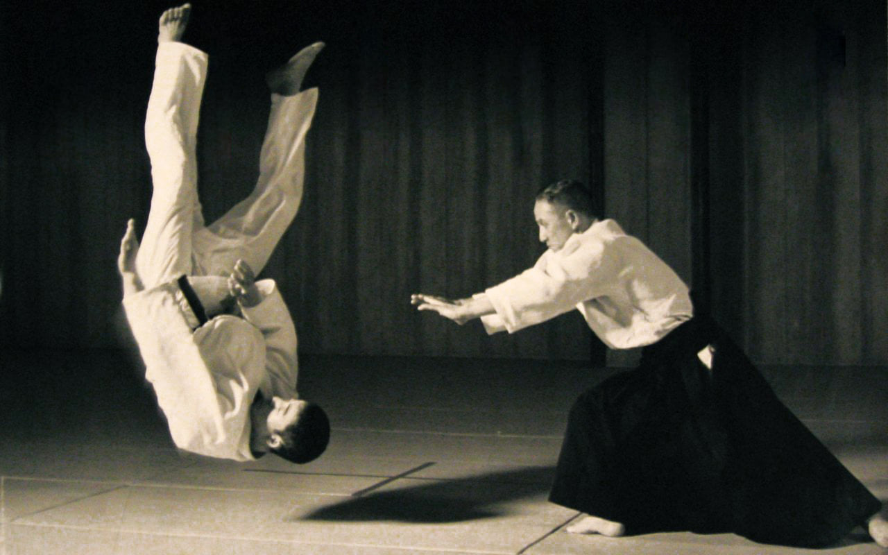 A man flying through the air after having being thrown by hs judo partner